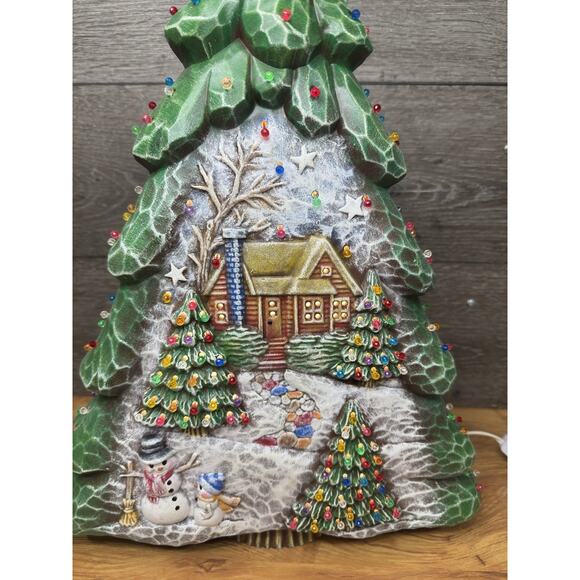 Rare Ceramic Christmas Tree 17.5” Cabin Scene Snowman Lighted 147 Lights Lamp - Picture 11 of 15
